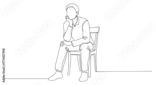 Continuous line drawing of a person sitting on a chair with hand on face in a thoughtful pose look 100