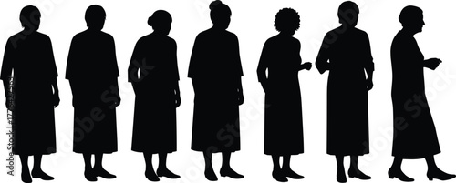 Silhouette of elderly women standing in row, senior female figures, aging process, healthcare diversity concept, isolated black outline illustration