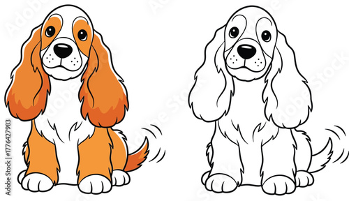 Cute Cartoon Cocker Spaniel Puppy Sitting - Vector Illustration for Kids Coloring Book and Pet Projects