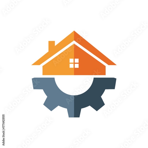 Orange house sits atop a gray gear, symbolizing home repair and maintenance services with a modern and professional aesthetic.