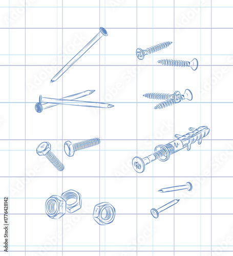 Screws, bolt, nut, wall plug and rivets set drawing in graphic style on light background