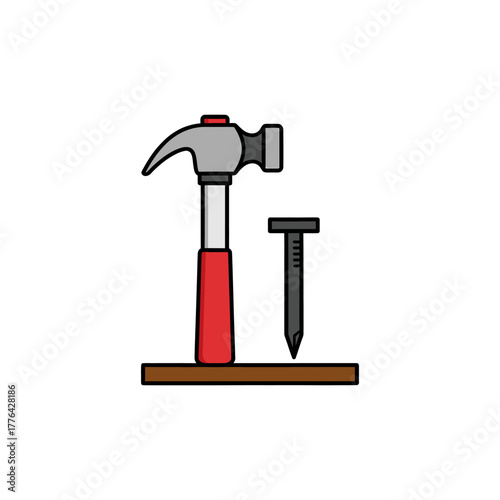 Hammer and nail resting on wooden surface, ready for construction work, symbolizing precision and craftsmanship in a simple, clean style.