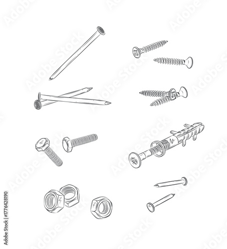 Screws, bolt, nut, wall plug and rivets set drawing in graphic style on white background