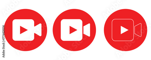 Red and White Video Camera Play Button Icons, Flat YouTube Recording Symbol Vector Collectio