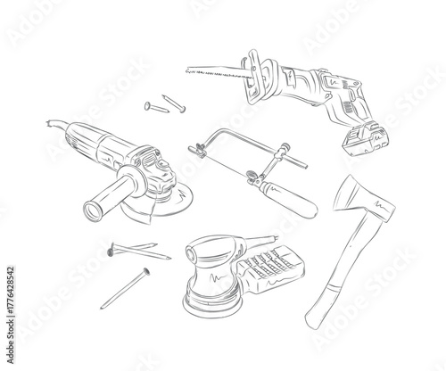 Woodworking construction tools set angle grinder, saw, reciprocating saw, sander, axe drawing in graphic style on white background