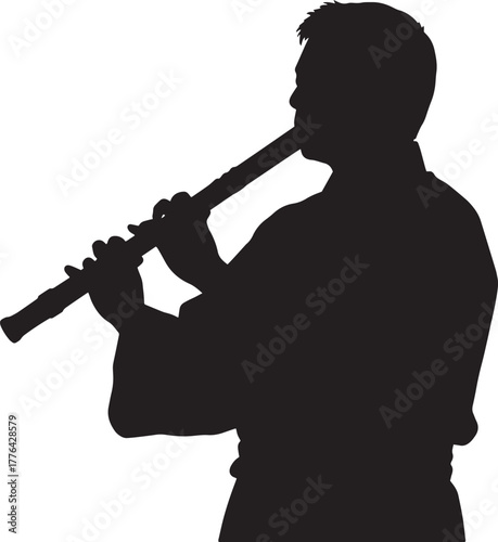 Silhouette of a musician in traditional Japanese attire playing the Yokobue (transverse flute).
