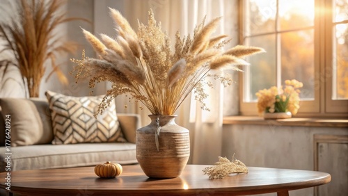 Autumnal Pampas Grass Arrangement in Earthenware Vase on a Wooden Coffee Table in a Sunlit Room