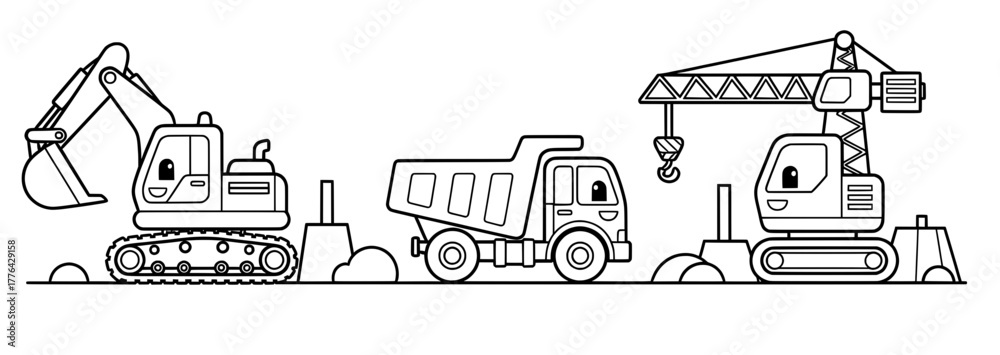 Fototapeta premium Coloring page featuring construction vehicles including an excavator, dump truck, and crane, showcasing a playful design for childrens creative activities