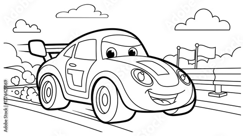 Cartoon racing car illustration, featuring a cheerful vehicle speeding on a racetrack, surrounded by clouds and flags, perfect for a fun Christmas coloring page