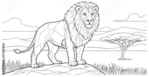Majestic lion standing on a rock in a savanna landscape, surrounded by grass and acacia trees, showcasing the beauty of wildlife in a coloring page illustration