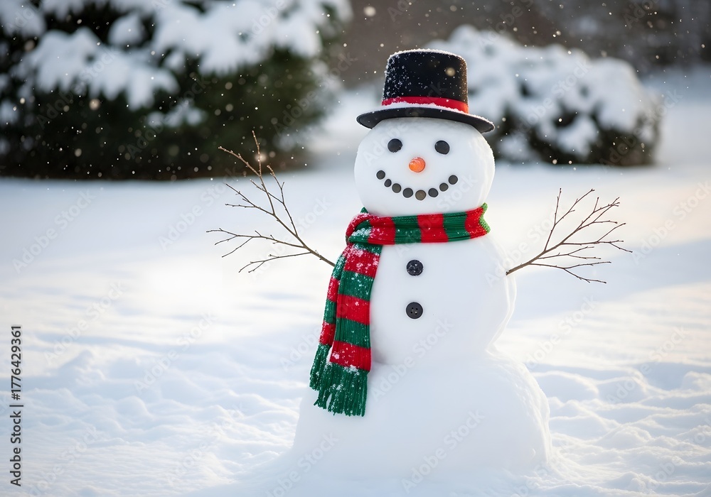 Fototapeta premium Cheerful snowman wearing a black hat and colorful scarf stands in a snowy landscape with trees