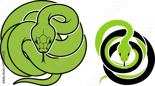 Two green snakes coiled and ready to strike in a minimalist vector illustration