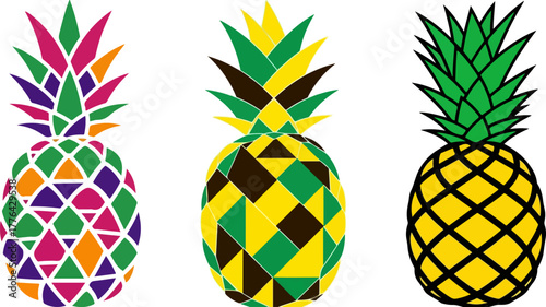 Three colorful pineapple illustrations in a row against a black background art