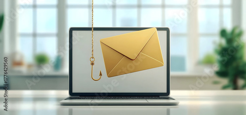A laptop displaying a gold envelope and fishing hook symbolizing phishing and online security risks.