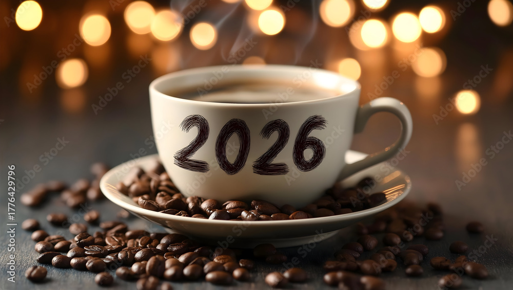 Fototapeta premium A steaming cup of coffee with the year 2026 written on it, surrounded by coffee beans and festive lights.