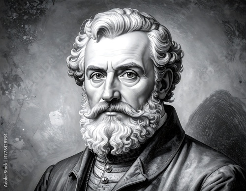 Portrait in grayscale of a distinguished gentleman, likely from the 19th century, featuring intricate beard and hairstyle