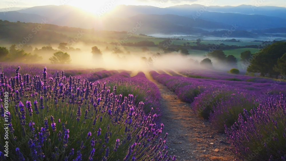 Naklejka premium Photorealistic lavender field at sunrise with misty valley and mountains in background under warm golden morning light