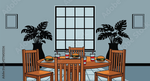 Cartoon dining room scene with burgers and drinks illustration
