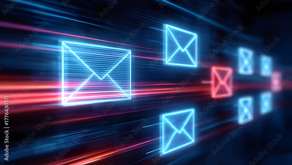 Fototapeta premium A dynamic visualization of digital communication through glowing email icons in vibrant colors.