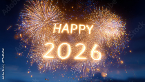 2026 Happy New Year, new year's eve, Silvester, new year, celebration greeting card, new year card - Year 2026 in sparkler font and firework fireworks pyrotechnic, blue night sky background