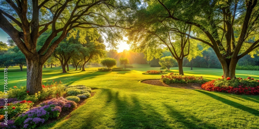 Obraz premium Serene Sunrise Illuminates Lush Green Park Landscape with Vibrant Flowerbeds and Majestic Trees Casting Long Shadows
