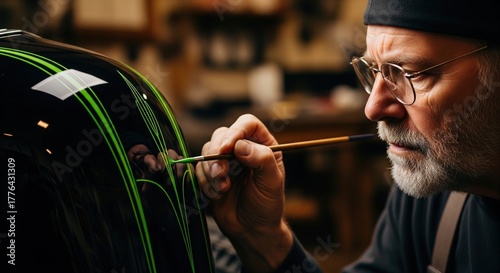 Senior craftsman carefully pinstriping green lines on a black motorcycle fuel tank in workshop