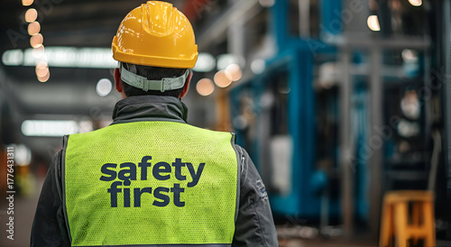 A construction worker in a safety vest and helmet, emphasizing workplace safety and industrial environment.