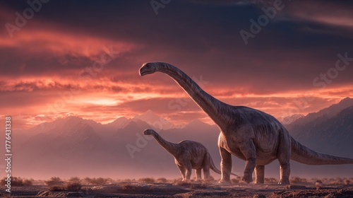 Majestic Sauropods Under Fiery Sunset in Prehistoric Landscape