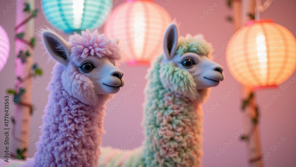 Fototapeta premium Fluffy llamas with colorful fur stand against backdrop of vibrant lanterns, creating whimsical and cheerful atmosphere