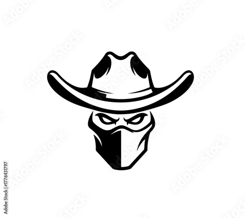 A striking black and white icon merges a classic cowboy hat with a stealthy face mask, creating a mysterious persona defined by its intense, visible eyes