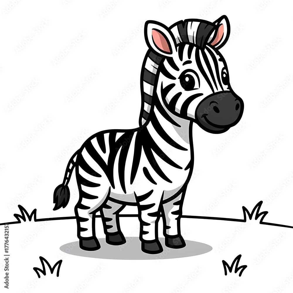 Obraz premium Cute cartoon zebra standing on grass with black and white stripes animal illustration