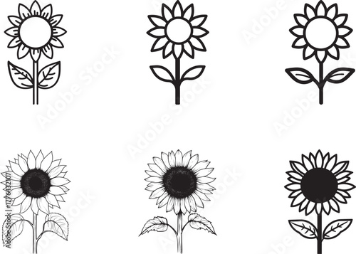 Six sunflowers in various positions and orientations.