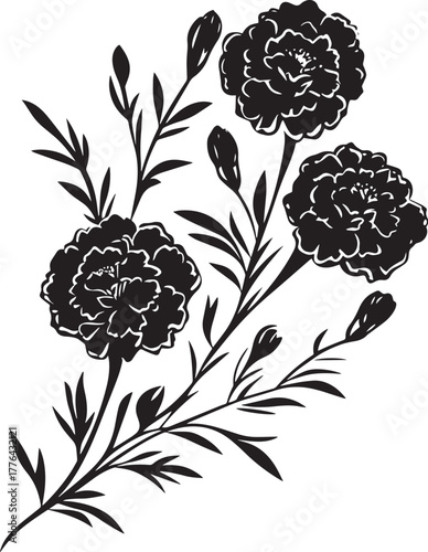 Three black and white flowers with green stems and leaves on a white background.