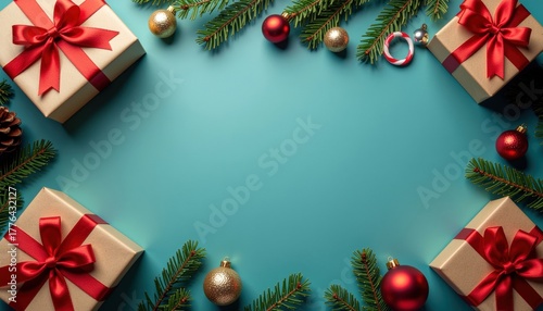 Holiday gift preparation festive setting image of christmas presents decorative atmosphere top-down view seasonal celebration