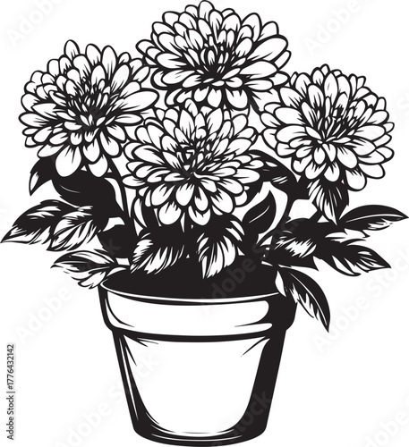 A black and white illustration of a flowerpot with three flowers and leaves.