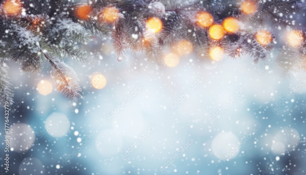 Naklejka premium Christmas winter blurred background. Xmas tree with snow decorated with garland lights, holiday festive background. Widescreen backdrop. New year Winter art design, wide screen holiday border