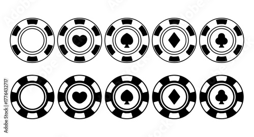 Poker Chips Black and White Icon Set Playing Card Suits Vector