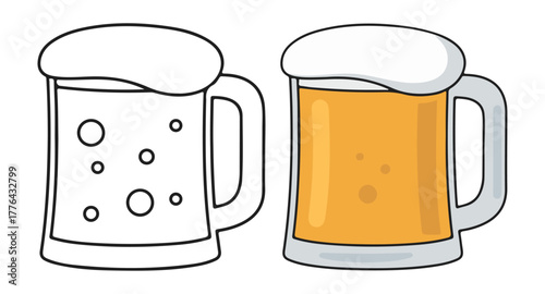 Beer Mug with Foam Icon Color and Outline Set