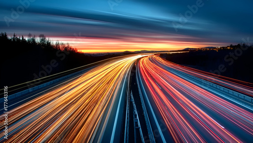 Dynamic light trails from vehicles on a highway at sunset, showcasing vibrant colors and motion in the landscape.