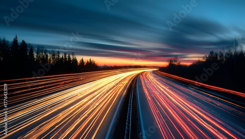 Time-lapse image showcasing dynamic light trails on a highway during sunset, illustrating speed and motion.