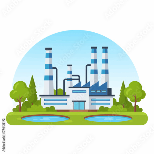 Industrial Factory Plant Illustration with Green Landscape and Ponds Environmental Design