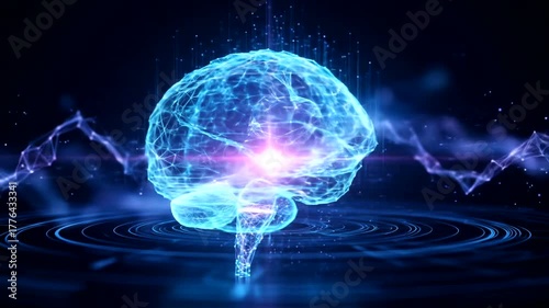 Futuristic digital representation of a glowing brain with energy waves in a dark background