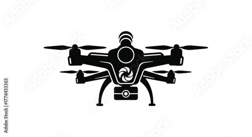 Sleek drone with camera captures aerial perspective, symbolizing modern technology and surveillance.