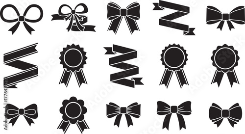 A collection of black and white ribbon icons with various shapes and designs.
