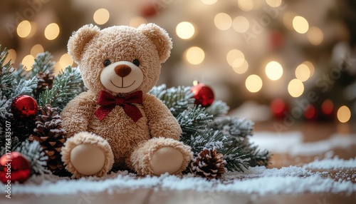 Festive teddy bear surrounded by holiday decor cozy indoor setting photography warm atmosphere close-up christmas spirit