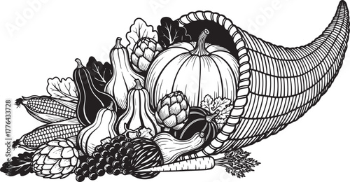 A cornucopia filled with various vegetables and fruits, including pumpkins, squash, artichokes, and carrots, set vector illustration