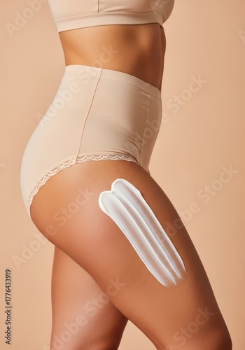 Woman applying cream to her thigh, skincare concept