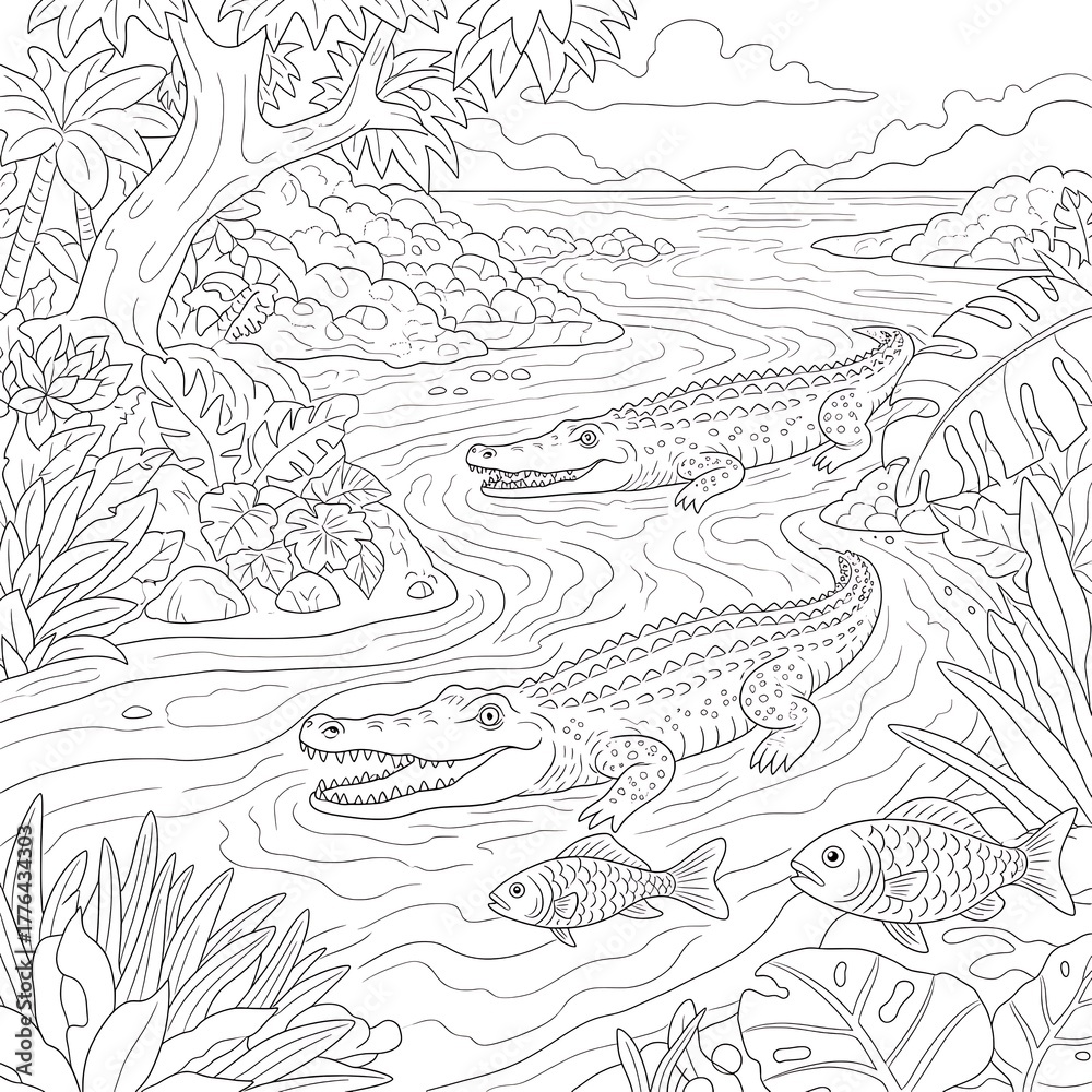 Fototapeta premium Two alligators swimming in a river with fish and tropical foliage crocodile reptile