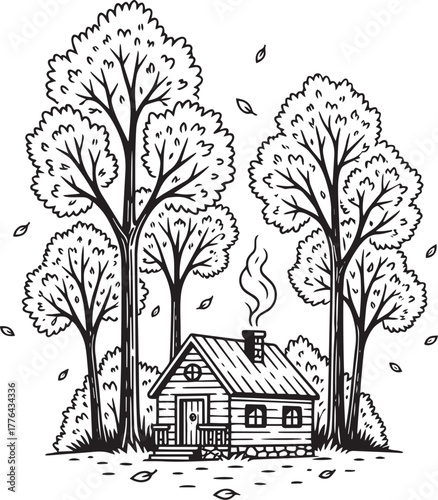 A rustic cabin nestled among tall trees in a serene forest setting.