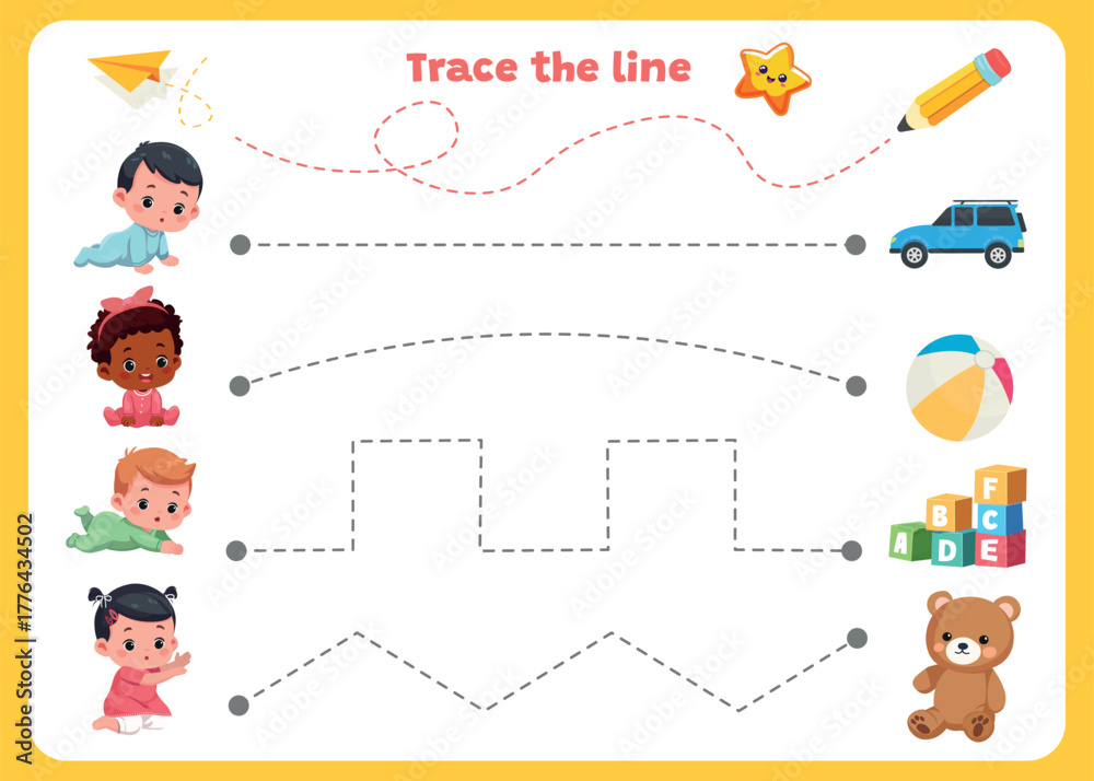 Fototapeta premium trace line page game for kids with zigzags, babies, and toys preschool tracing worksheet vector illustration